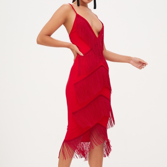 pretty little thing red tassel dress RED MULTI TASSEL BACKLESS PLAYSUIT Gorgeous red